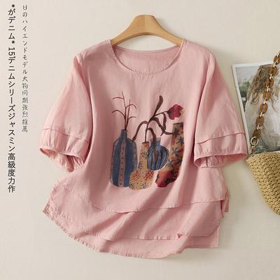 DIMANAF 2026 Summer Women Plus Size New Blouse Shirt Print Floral Vintage Short Sleeve Cotton Linen Casual Loose Lady Tops Tees