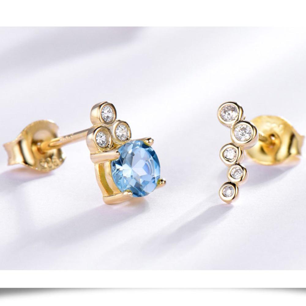 Unique Sky Blue Topaz White Round AAA Cubic Zircon Yellow Gold Plated 925 Sterling Silver Stud Earrings