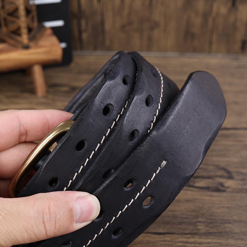 Vintage Style Double-Stitched Copper Buckle Men's Genuine Leather Belt