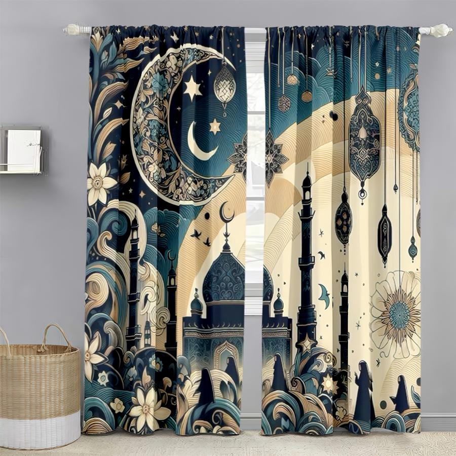 

2PCS blue gold contrasting Islamic curtains retro style bedroom and living room decorative curtains with drawbar pockets 100*130 HOOK 1pcs