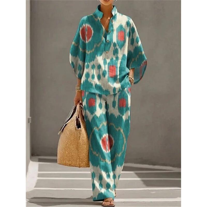 1116 New Women's Printed Two-piece Set Lazy Wind Loose Wide Leg Pants Set European and American Versatile Women