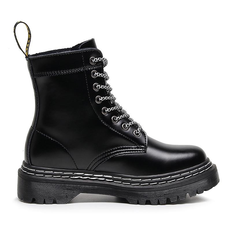 Martin Boots Women's Hard Leather Black Splicing Short Boots Men's and Women's Glossy Leather Boots Round Head Tooling Shoes