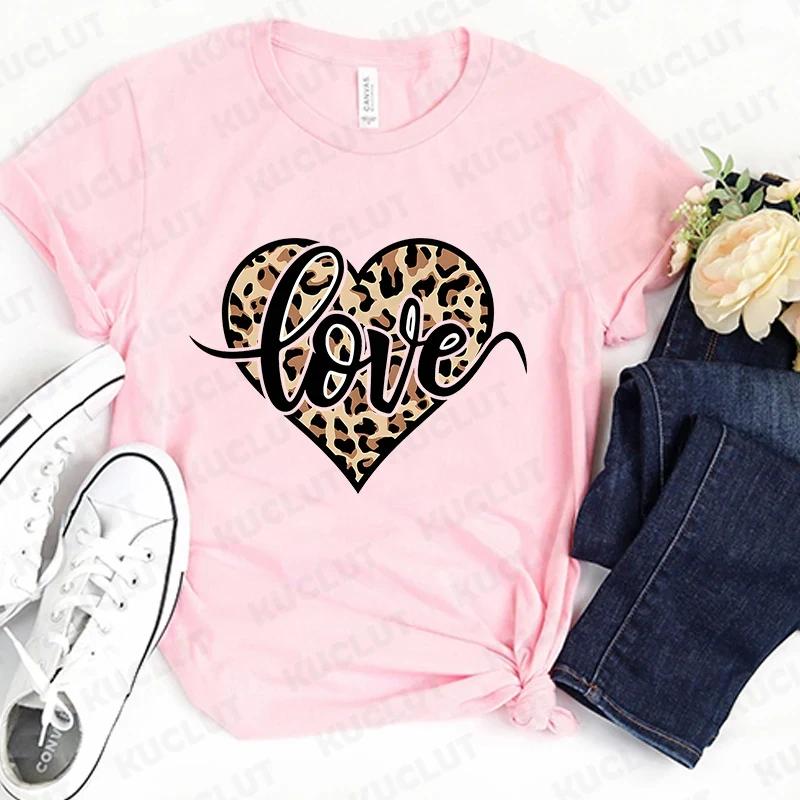Fashion Unisex Tshirts Leopard Love Heart Print Tops Short Sleeve Clothing Ladies Harajuku Valentines Day Female Clothing