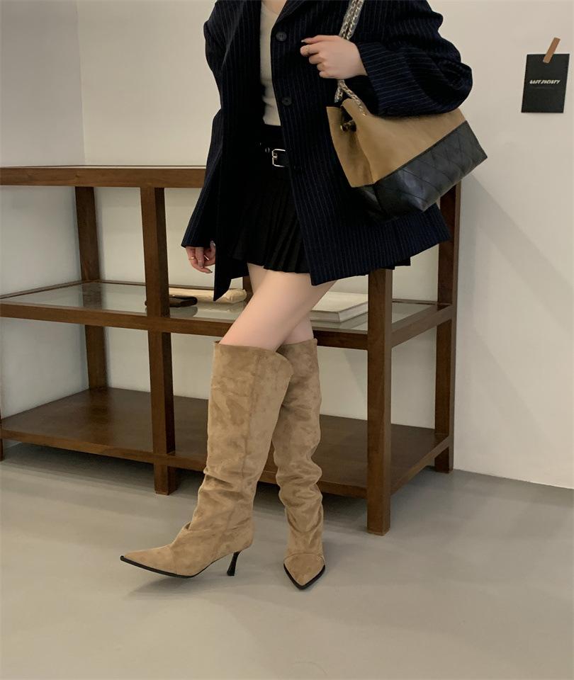 

2025 autumn and winter wide tube western boots pointed thin boots women s thin heel high heel Martin boots long boots stacking boots pleated boots 39 хаки