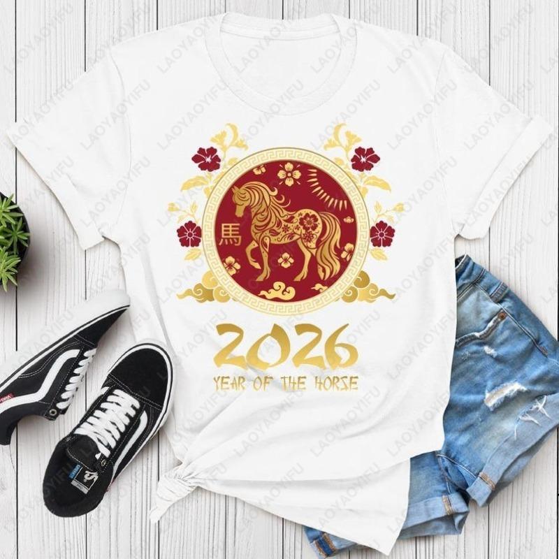 Year Of The Horse 2026 Cotton Tshirts Chinese New Year Horse Zodiac Graphic Tee Lunar Gold Horse Graphic Oneck Tops Ropa Mujer