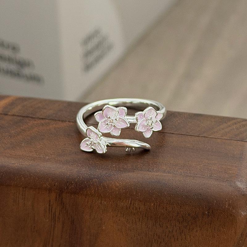 Niche High-End Sweet Sister Country Tide Style Colored Enamel Flower Retro Pattern Open Ring Stacked With Personalized Ring