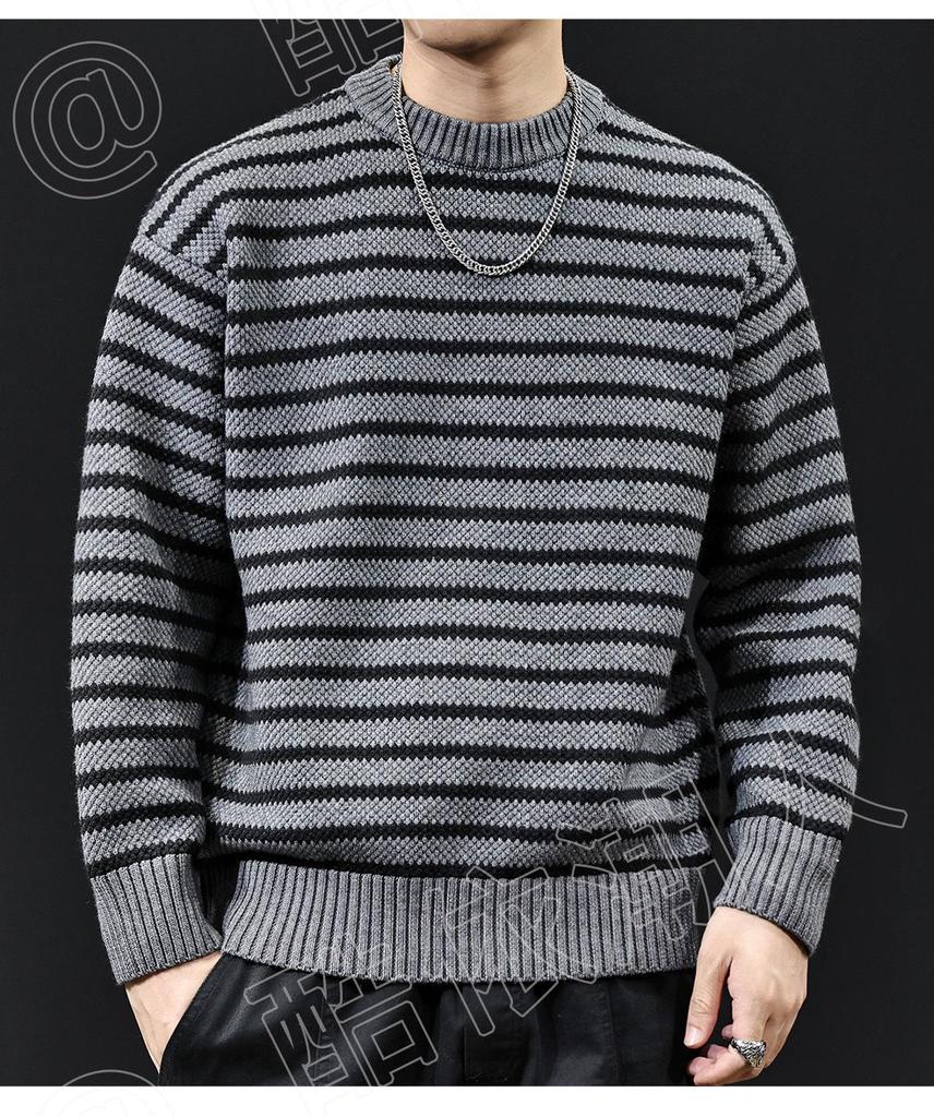 2025 Men's American-Style Striped Knit Sweater: Round Neck, Thick, Plus Size, Warm Autumn/Winter Layer