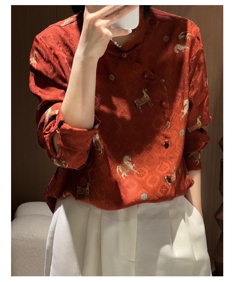 Golden Saddle Embroidered Stand Collar Shirt with Frog Button - New Chinese Style Long Sleeve Top (2026 Design)