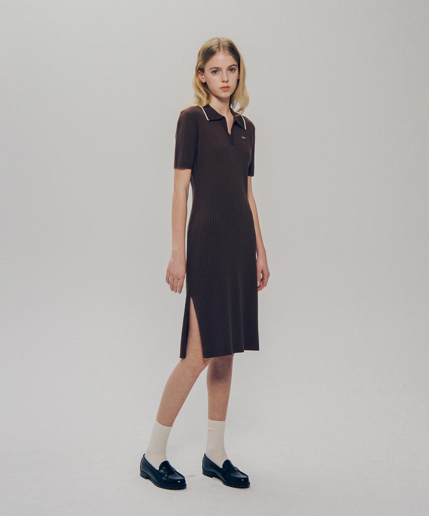 Yale Slit Neck Half Sleeve Knit Dress_Brown