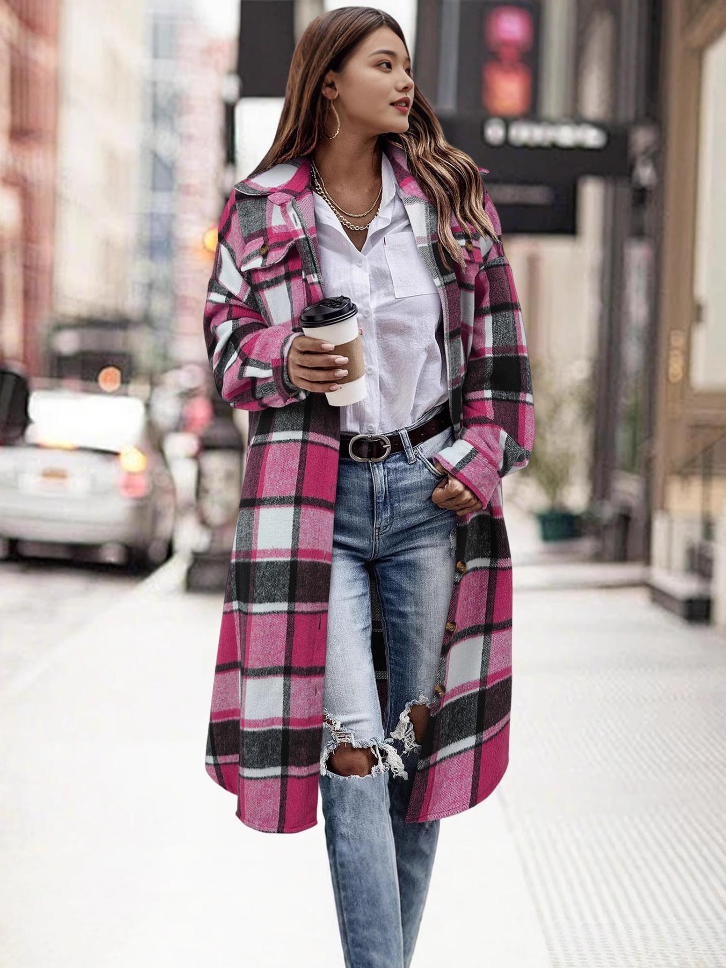 

2025 Autumn/Winter Plaid Long Sleeve Windbreaker Jacket with Lapel, Drop Shoulders, and Casual Patch Pocket Small розы красного