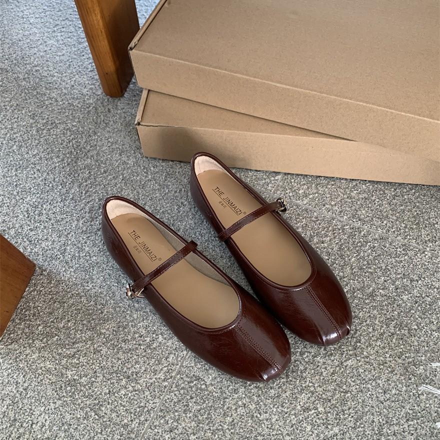 Little red shoes 2025 new round head one-word buckle shallow mouth flat shoes women's ballet soft sole Mary Jane single shoes