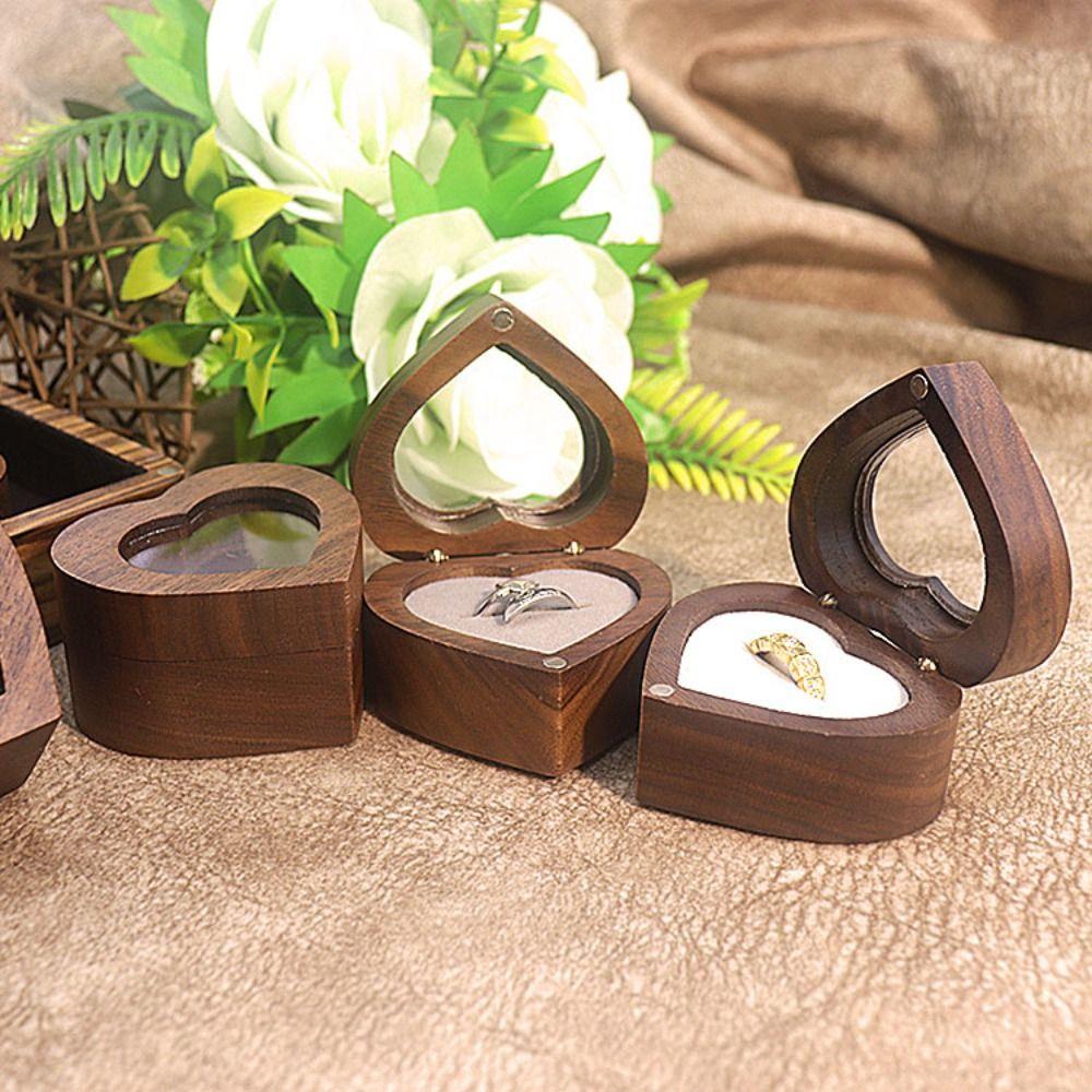 Transparent Cover Walnut Wood Rings Box Magnetic Cover Rings Bearer Box Heart Rings Holder  Gifts