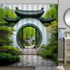 Chinese Style Shower Curtain Vintage Wood Board Garden Building Green Plant Bamboo Pattern Bathroom Decor Curtain Set
