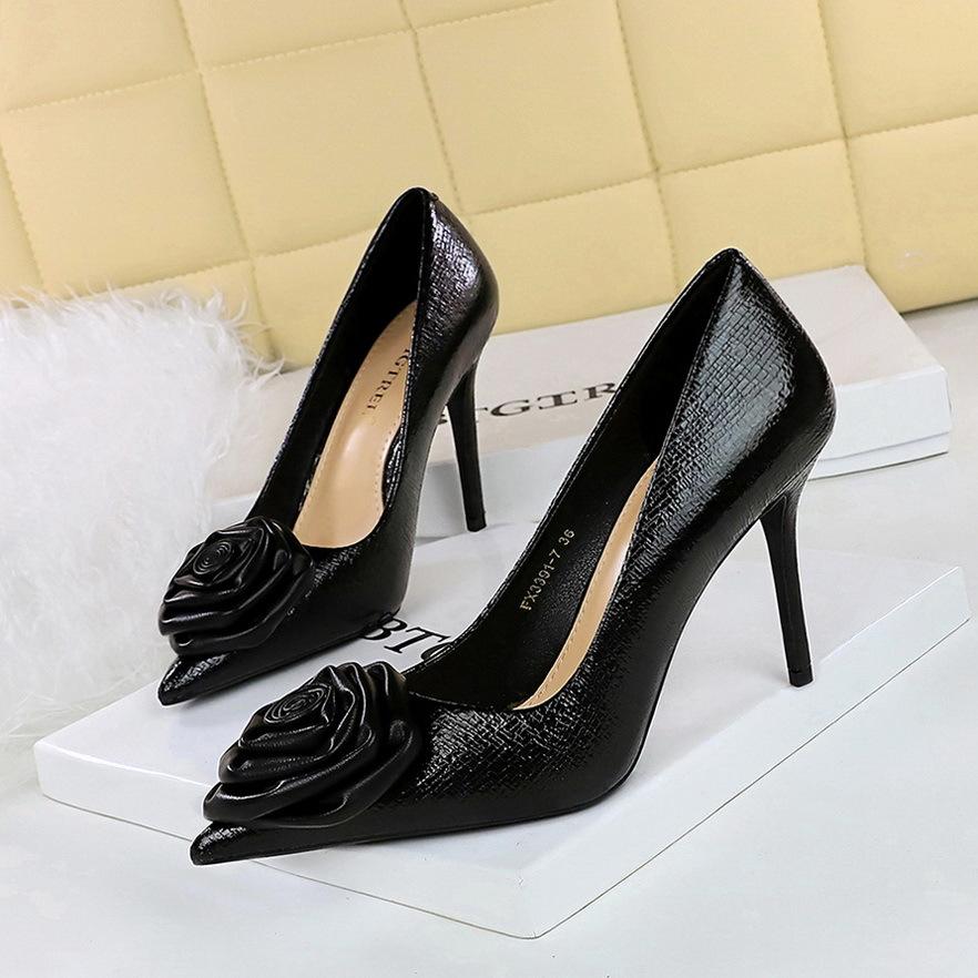 H Retro European and American Banquet Women's Shoes Super High Heel Thin Heel Shallow Mouth Pointed Flower Single Shoes Women's High Heels