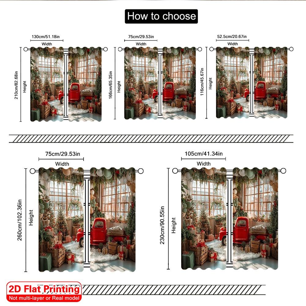 2pcs 2D flat printing Christmas Curtains Vintage red car Christmas tree Versatile Polyester Without Electricity Versatile Use
