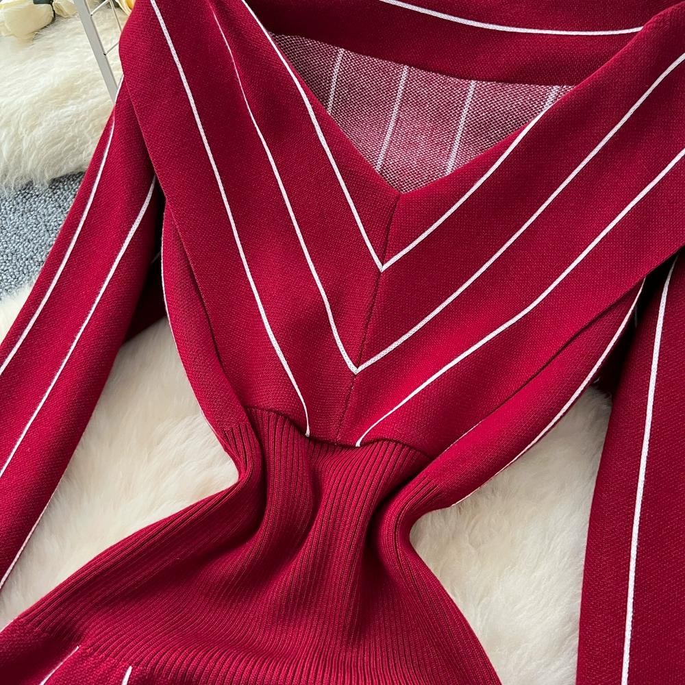Autumn Winter Women Casual V-neck Full Sleeve Striped Knitted Sweater Slim Bodycon Sheath Dresses