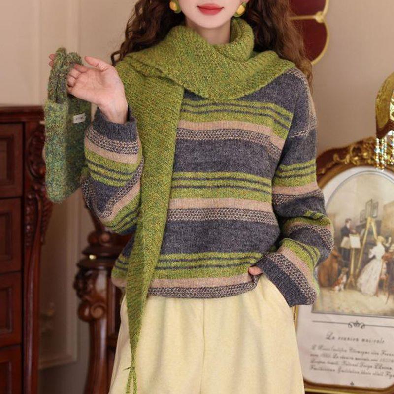 Hong Kong Retro Striped Women’s Winter 2025 Casual Loose Sweater & Scarf Two-Piece Set 3XL (Recommended for 145-160 jin)