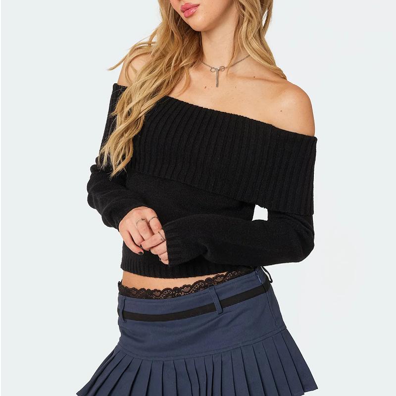 New Tops for Women Solid Color One-line Collar Off-shoulder Long-sleeved Sweater for Women