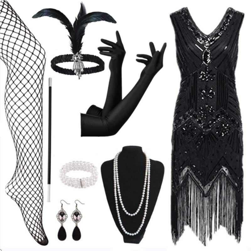 Hot Sale Vintage Sequins Tassel Dress Prom Evening Dress Accessories Set