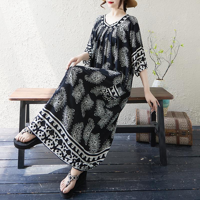 DIMANAF New 2025 Plus Size Summer Long Dress Women Basic Printing Casual Half Sleeve Dress Loose Dress