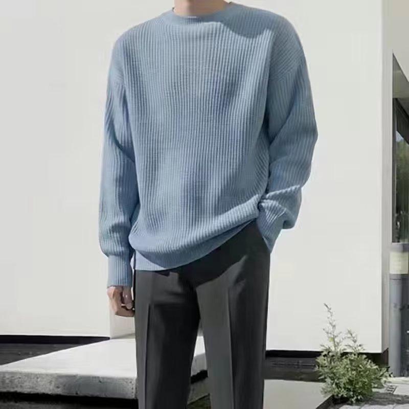 Men S Solid Color Round Neck Loose Long Sleeve Casual Knit Sweater