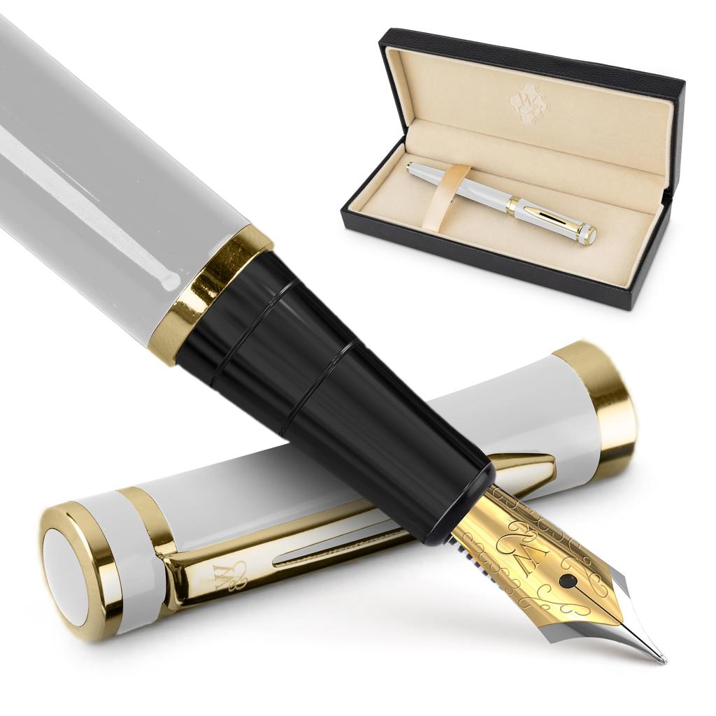 Wordsworth Black Fountain Pen Medium with 6 Ink Cartridges and Ink Refill Gift Smooth White Unisex & Set, Nib, Converter, Case, Journaling,