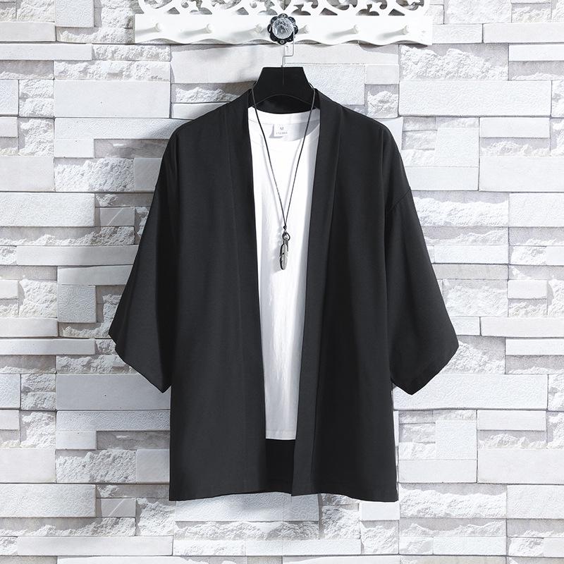 Men's Casual Seven-Sleeve Ice Silk Cardigan, Chinese Style, Solid Color, Plus Size