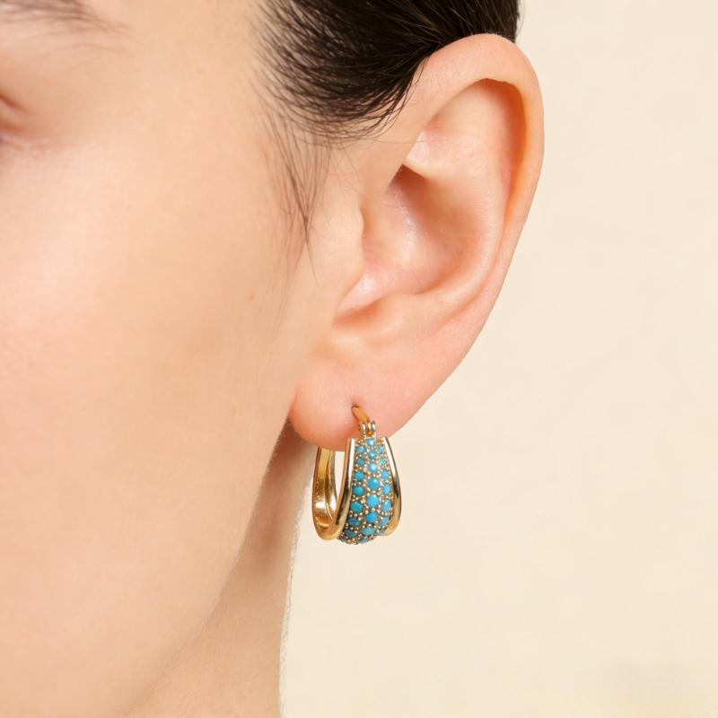 Women's Vintage Copper Material Inlaid Synthetic Turquoise Hoop Earrings Bohemian Style Elegant Golden Plated Jewelry Accessory