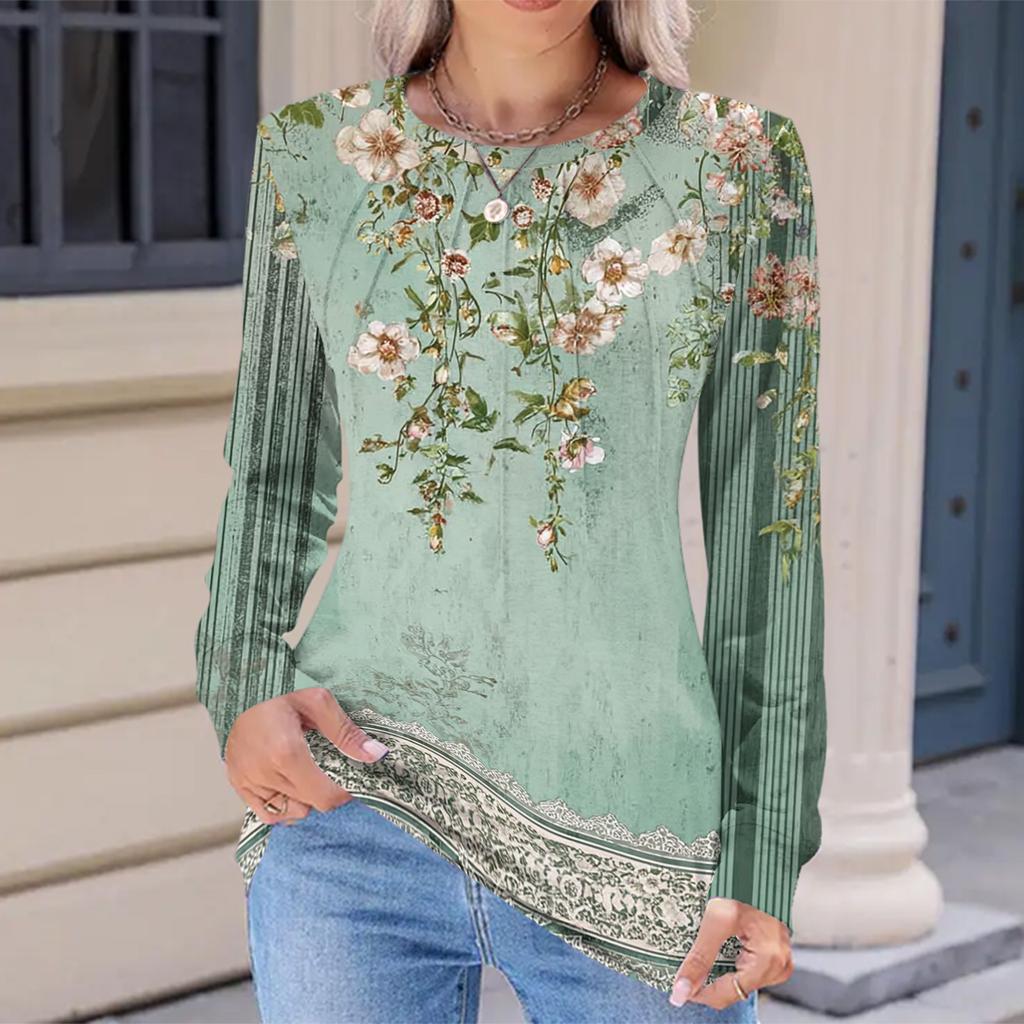 Women's Fashionable Casual Floral Retro Print Pleated Comfortable Round Neck Loose Long Sleeve T-shirt Top