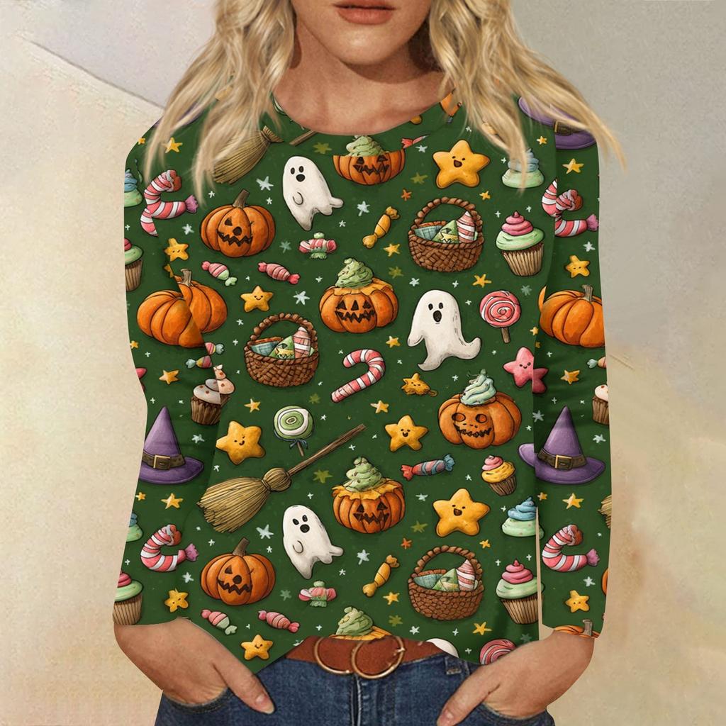 Women's Fashion Casual Long Sleeve Halloween Print Round Neck Top