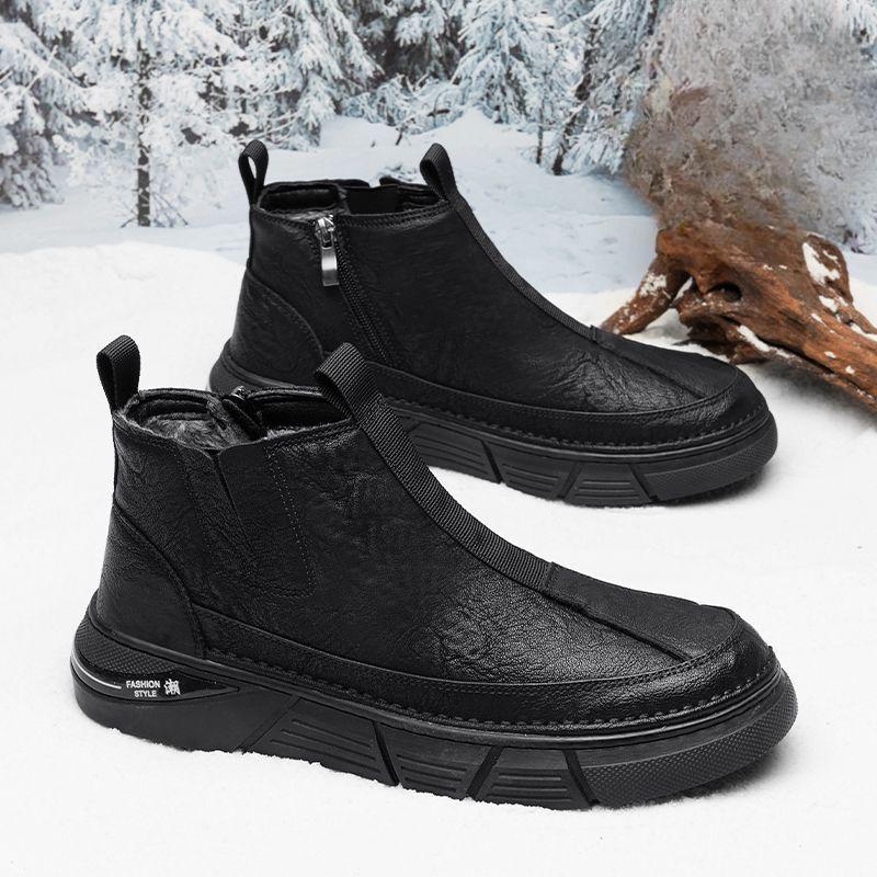 Male Casual Boots Thick Sole Platform Brown Round Toe Velvet Men's Leather Chelsea Shoes Classic Original Low Price In Promotion