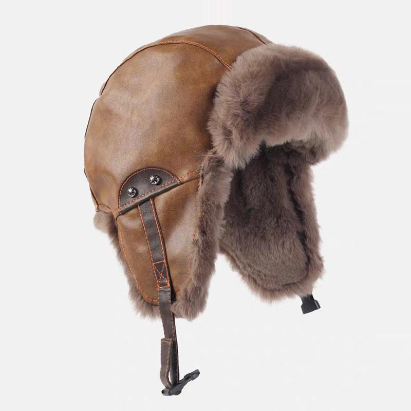 Winter Ushanka Hat Men Women's PU Pilot Aviator Bomber Hat Faux Fur Leather Snow Cap with Ear Flaps Hat