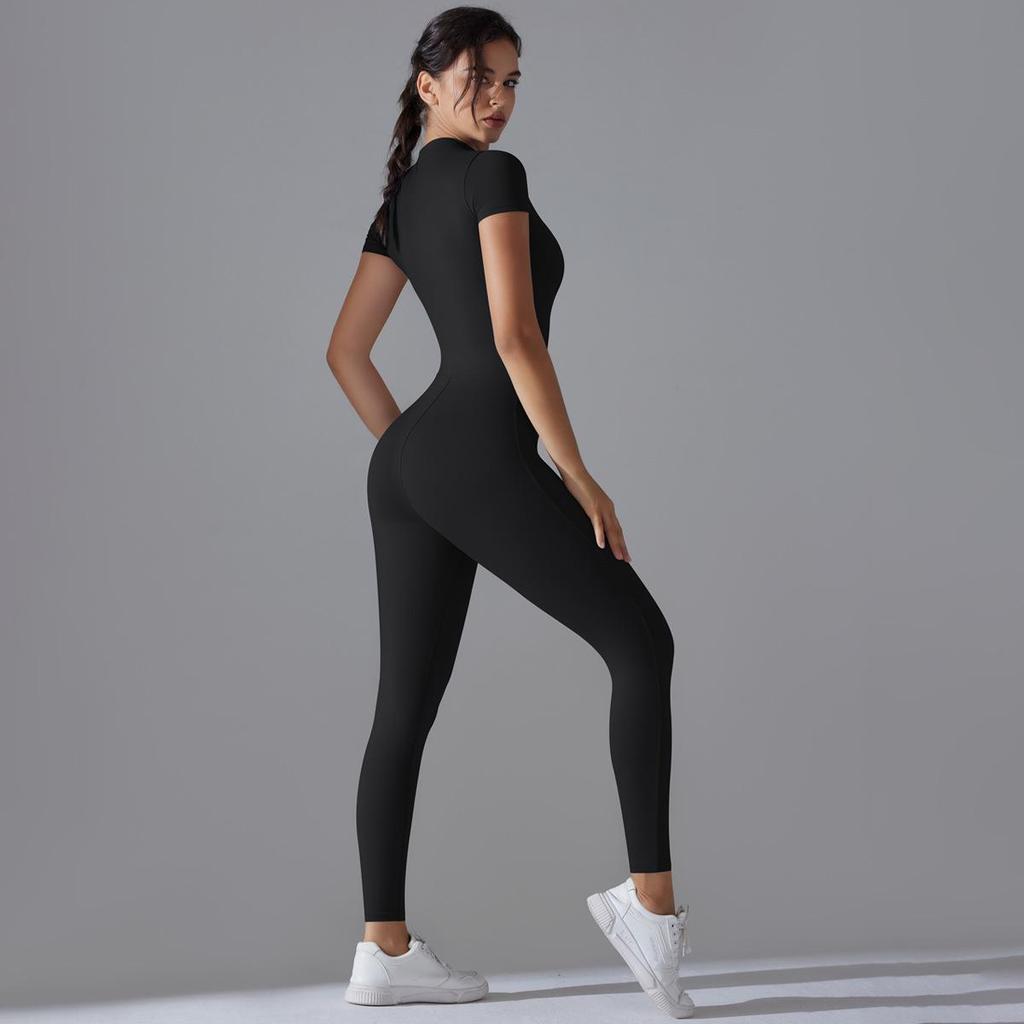 Solid Color High Elastic Half-Zip Short Sleeve Bodysuit for Sexy Fitness