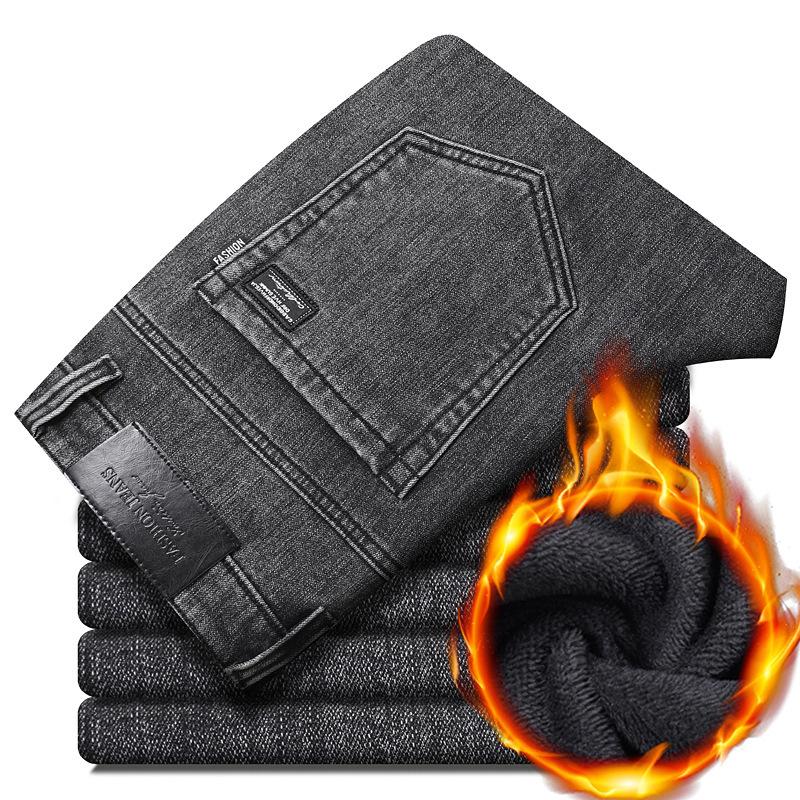 Men's Winter Stretch Padded Jeans Men Thickened Loose Straight Warm with Flannel Trousers Autumn and Winter Trousers