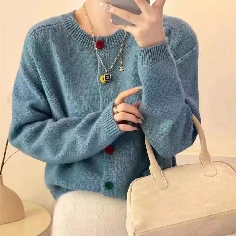Color button design sense knitted cardigan spring new versatile solid color sweater top coat women