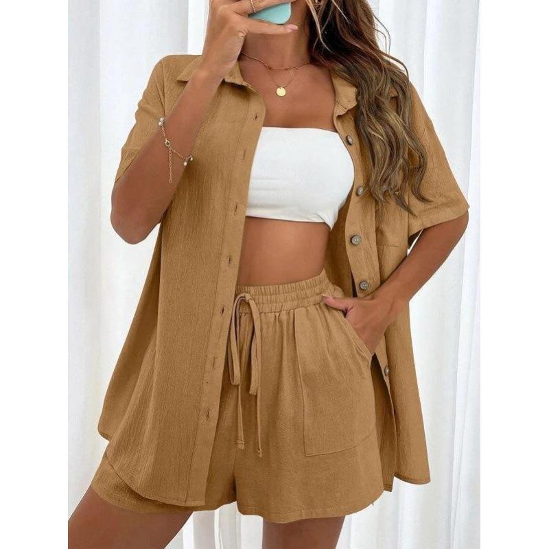 Women's New Fashion Casual Two-Piece Solid Color Loose Shorts & Short-Sleeved Shirt Set