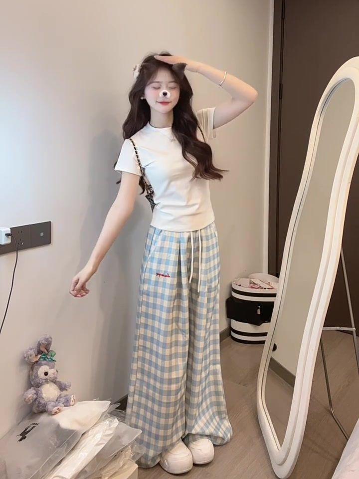 Korean Style Light Blue Plaid Embroidered High-Waisted Wide-Leg Pants