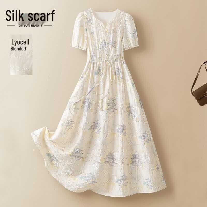 Tencel Blend V-Neck Tie-Waist A-Line Midi Dress M