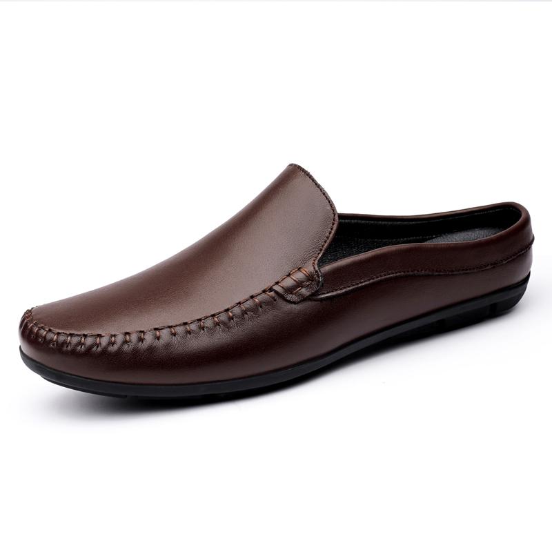 New Men Casual Genuine Leather Classic Boat Shoes Half Loafers Shoes High Quality Half Slipper Flat Lazy Shoes Men Muller Shoes