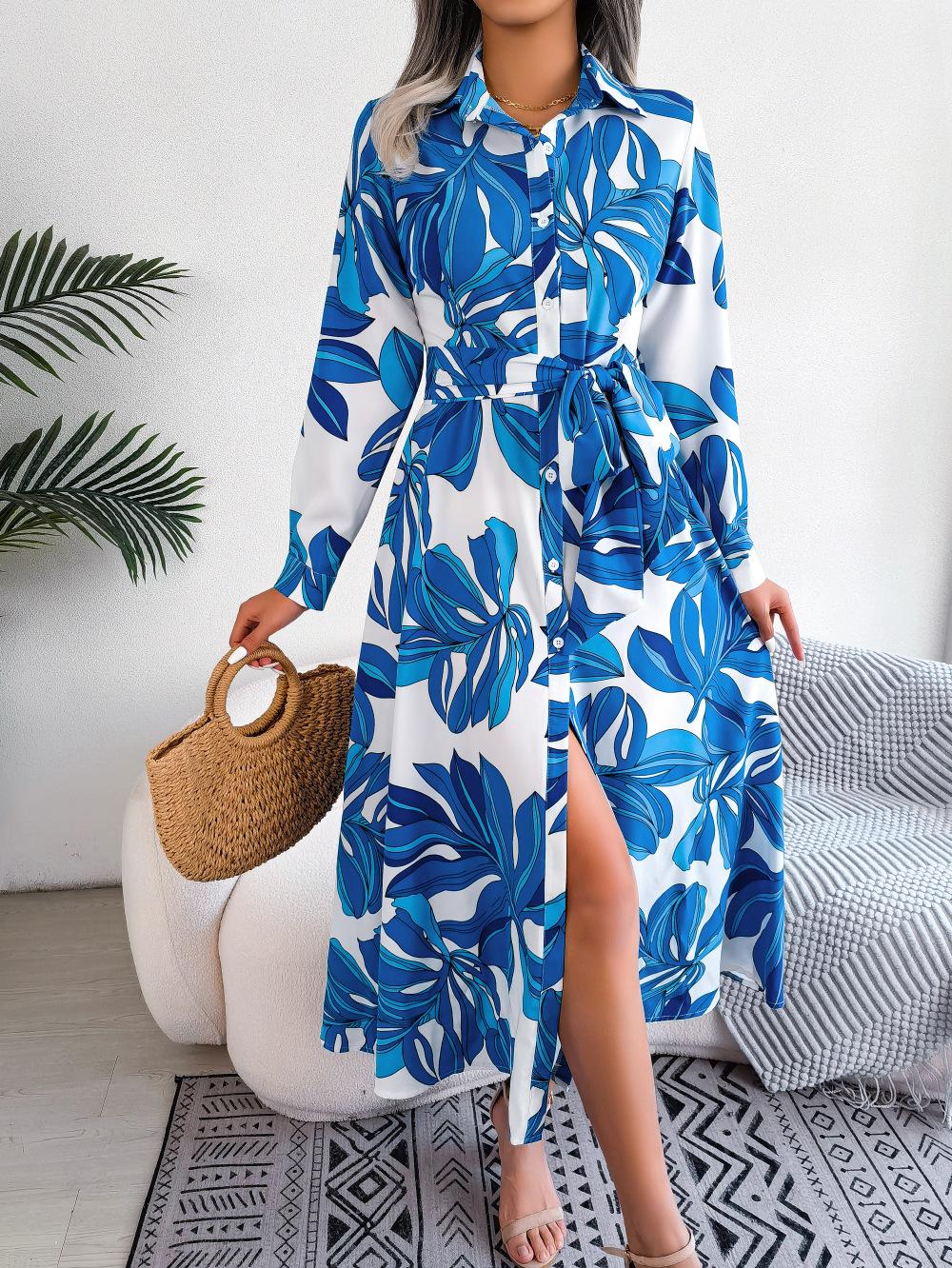 

Floral Print Long Shirt Dress with Side Slit, Casual Loose Fit Summer Dress for Women XL синій