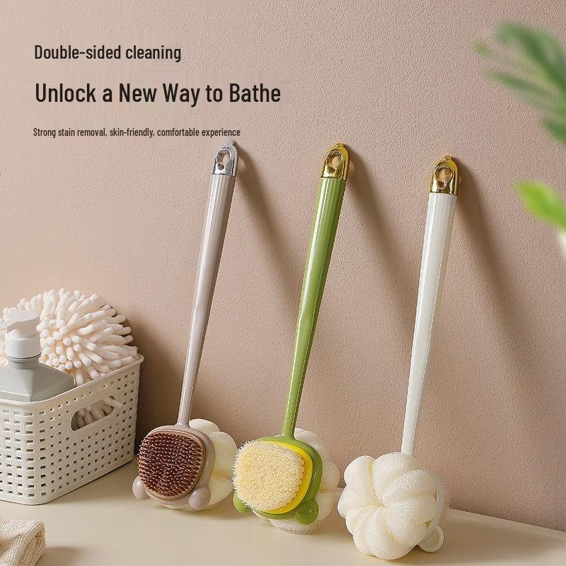Long-Handle Soft Silicone Double-Sided Shower Brush with Back Scratcher and Mud Scraper