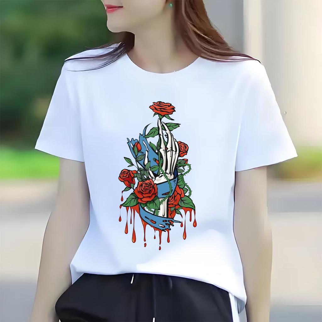 Fashion Skeleton Rose Printed Street Tshirt Short Sleeve Round Neck Casual Versatile Womens Tshirt