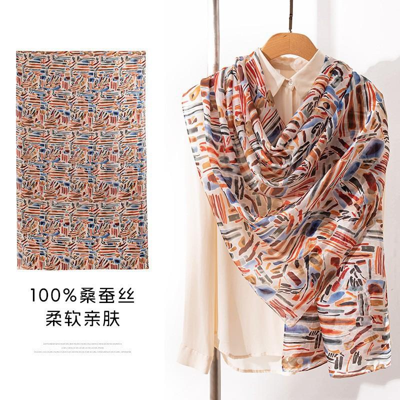 Silk Scarf Women Long Lightweight Floral Print Elegant Wrap Shawl UV Protection