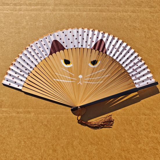 Cartoon Cat Folding Fan Japanese Style Wooden Hand Held Fan