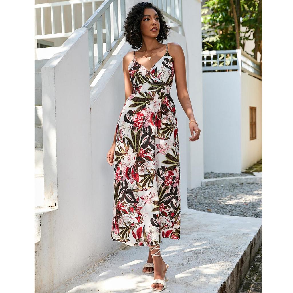 Ladies Summer Vintage Printed V Neck Spaghetti Strap Sleeveless Casual Midi Dress