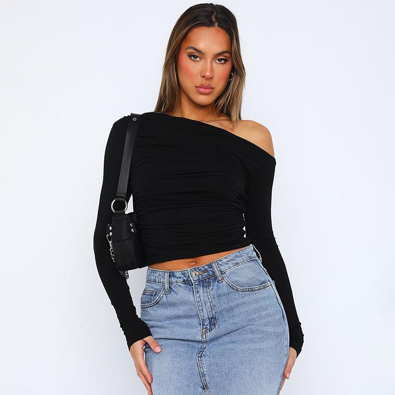 Women's One-Shoulder Ruched Long Sleeve Cropped Top - Autumn Style