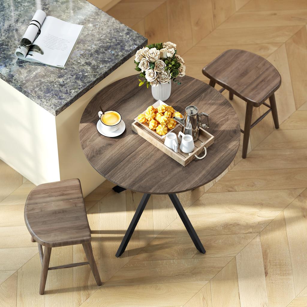 Round Dining Table for 2, Wood-Effect Top, Crossed Steel Legs, Brown