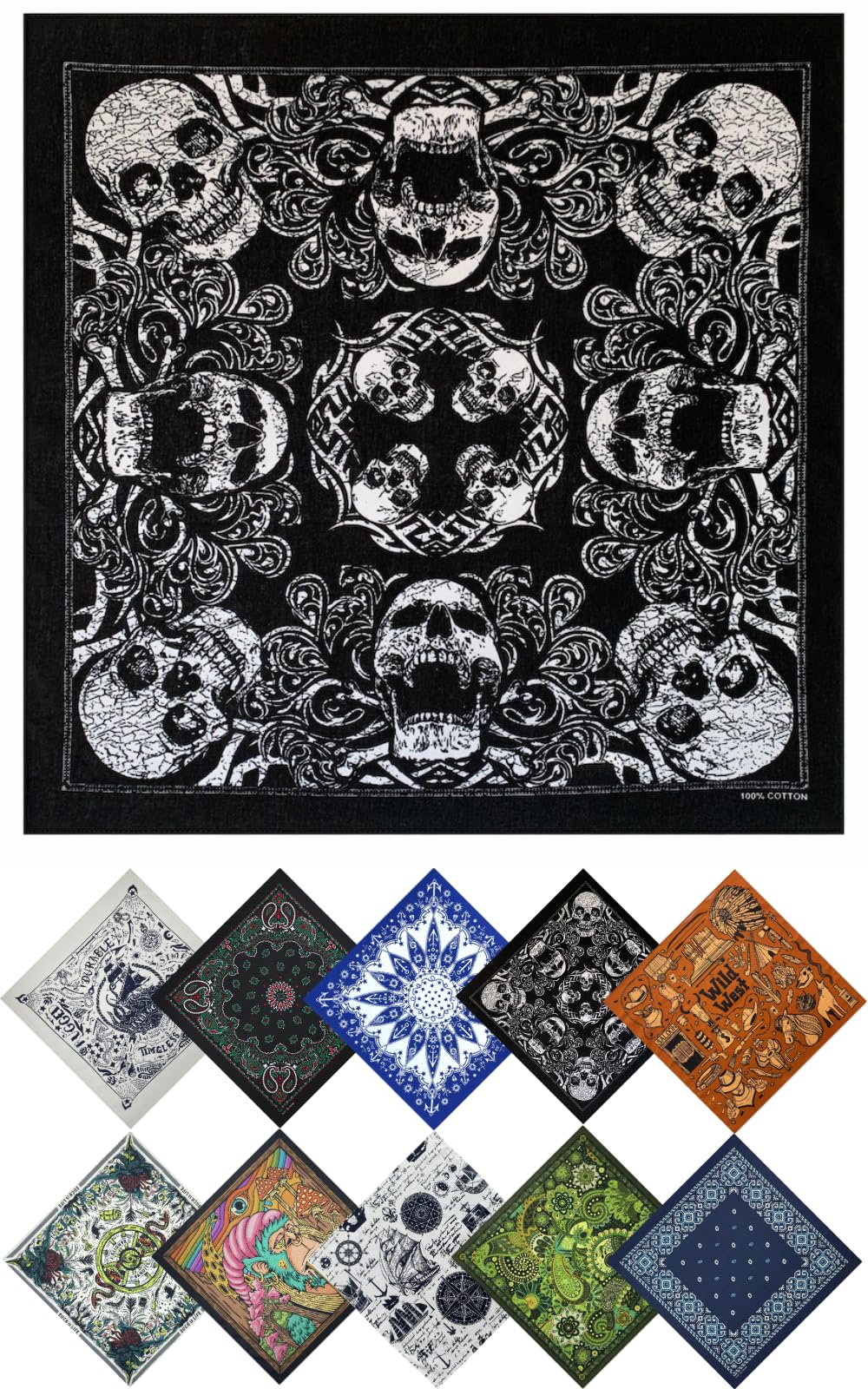 

TERTIS Bandana Large Cotton Adult Stylish Handkerchief Durag Headband Men Turban Scarf Women Black Red Blue White (Cracked Skull)