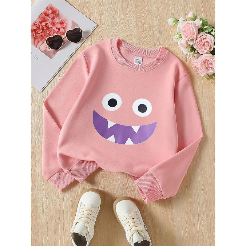 Kids Crewneck Sweatshirt, Blue Big‑Eyes Face Print,Casual Sportswear for Spring & Autumn