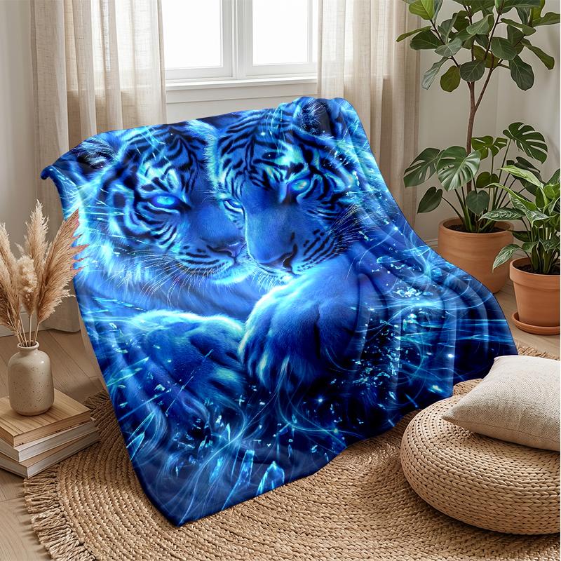 Blue Tiger Fantasy Blanket Personalized Name Flannel Blanket Soft Cozy Plush Throw for Sofa Bed Lightweight Home Decor